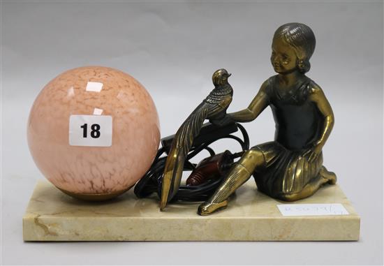 An Art Deco light with a model of a girl holding a bird, on a marble base W.25cm.